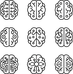 Brain Technology Icon Set | AI Neural Network Circuit Brain Vector for Tech and Science