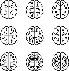 Brain Technology Icon Set | AI Neural Network Circuit Brain Vector for Tech and Science