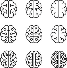 Brain Technology Icon Set | AI Neural Network Circuit Brain Vector for Tech and Science
