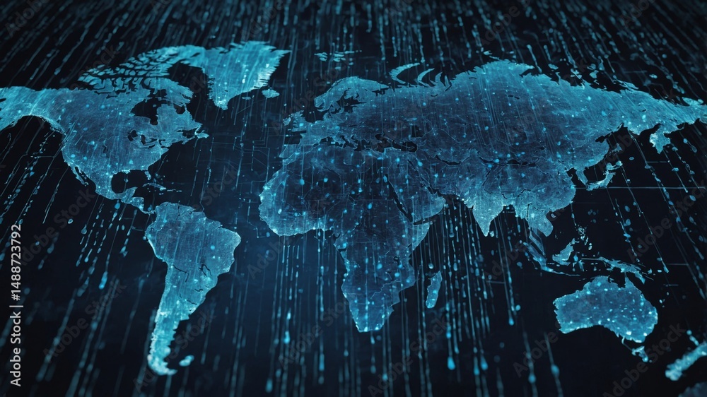 Aufkleber Digital Representation of a World Map With Glowing Lines and Data Streams Showcasing Global Connectivity and Technology