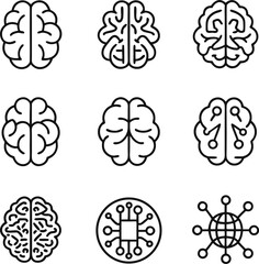 Brain Technology Icon Set | AI Neural Network Circuit Brain Vector for Tech and Science