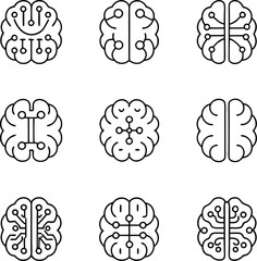 Brain Technology Icon Set | AI Neural Network Circuit Brain Vector for Tech and Science