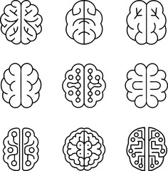 Brain Technology Icon Set | AI Neural Network Circuit Brain Vector for Tech and Science