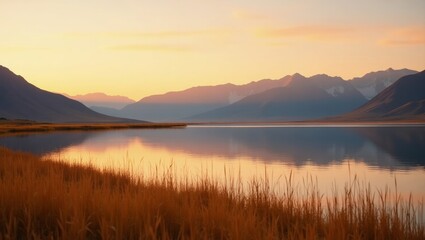 Tranquil Sunset Over Calm Lake With Mountain Reflections in Evening Light Near Serene Grassland Area