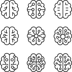Brain Technology Icon Set | AI Neural Network Circuit Brain Vector for Tech and Science