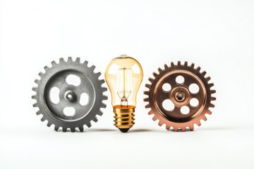 Vintage lightbulb between gears on a clean background conveying a concept of inspiration, innovation, and the power of ideas.