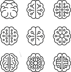 Brain Technology Icon Set | AI Neural Network Circuit Brain Vector for Tech and Science