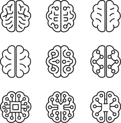 Brain Technology Icon Set | AI Neural Network Circuit Brain Vector for Tech and Science