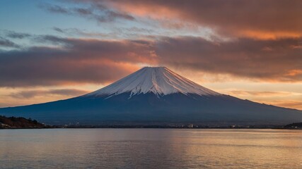 Obraz premium Majestic Mount Fuji Standing Tall Against a Vibrant Sunset Sky Over the Calm Waters of a Lake in Japan Creating a Serene Atmosphere for Nature Lovers