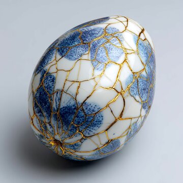 Large, intricately patterned ostrich or emu egg, adorned with blue and gold cracked effect design Displayed against a light gray background with soft lighting No text present Clean, - AI-Generated