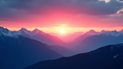 Obraz premium Breathtaking Sunset Over Snow-Capped Mountains With Vibrant Colors Illuminating the Sky at Twilight in a Serene Alpine Landscape
