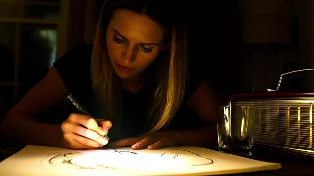Woman writing by candlelight with focused expression and dark background. Concept of nighttime inspiration and reflection