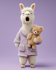 Sleepy llama in pajamas holding teddy bear full body funny illustration