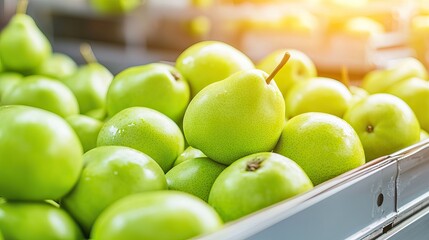 Fresh green pears in sunlit grocery store display