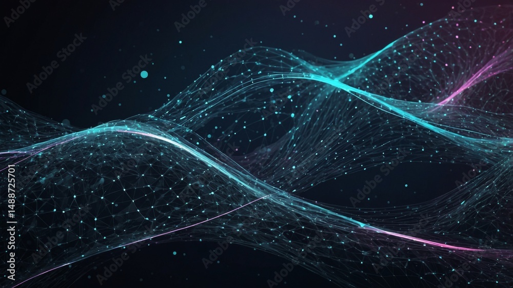 Poster colorful abstract waves with luminous particles create a digital atmosphere of movement and connecti