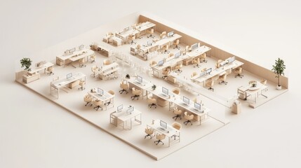 Detailed top-down view of a modern light-colored office layout.
