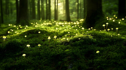 Fototapeta premium Enchanted Forest Floor with Glowing Mushrooms and Soft Green Moss