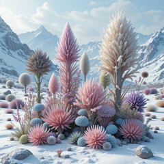 Fototapeta premium Pastel flora in a snowy mountain landscape with soft colors and a dreamy winter wonderland feel