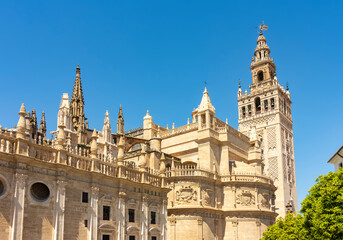 Fototapeta premium Triumph square with Giralda tower of Seville Cathedral, Spain