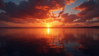 Obraz premium Vibrant Sunset Over Calm Water With Colorful Clouds Reflecting in the Serene Lake at Dusk