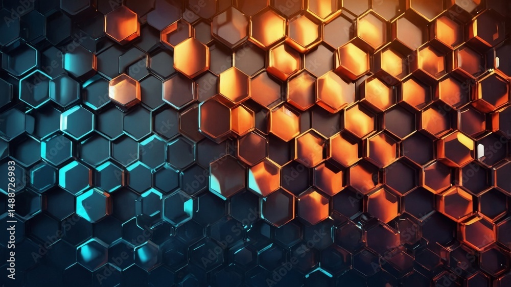 Poster abstract pattern featuring hexagonal shapes in blue and orange tones illuminated by soft light, crea