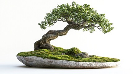 Bonsai tree in a stone tray, with moss and rocks