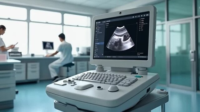 Ultrasound machine displaying scan image in bright medical lab with doctors in background