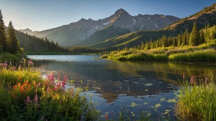 Breathtaking Mountain Landscape With Calm Lake and Vibrant Flowers at Sunrise in a Peaceful Natural Setting