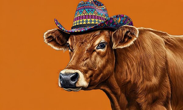 Cow portrait wearing a colorful, patterned cowboy hat