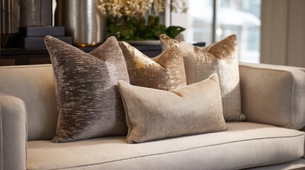 Elegant, luxurious throw pillows on a modern sofa