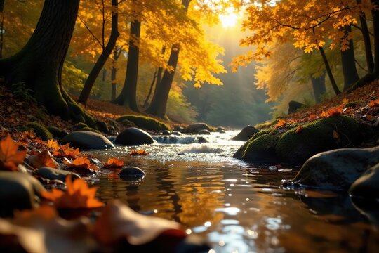 Autumn leaves falling into a babbling brook, sunlight dappled, natural, woodland