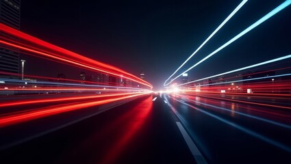 Dynamic Light Trails on a City Highway at Night Showcasing Fast-Moving Vehicles and Vibrant Urban Energy