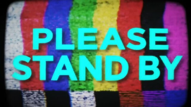 PLEASE STAND BY Text Animation &ndash; Color Bars TV Signal Error Screen for Retro Broadcast, Video Standby, and Glitch Effects