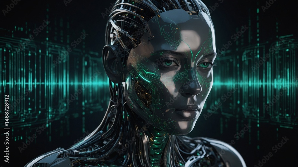 Poster futuristic android head displaying intricate circuitry and digital sound waves in a dark environment