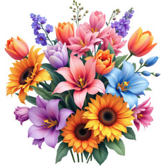 Vibrant bouquet of tulips sunflowers lilies and lavender on black background