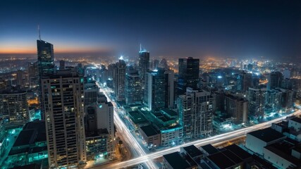 Fototapeta premium Skyline View of a Bustling City Illuminated at Night Showcasing Tall Buildings and Busy Streets