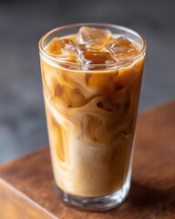 Glass of iced coffee with milk swirl on wooden surface
