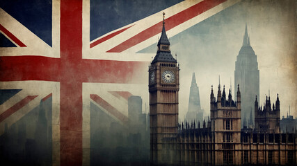 Big Ben and UK Parliament Overlaid on Grunge British Flag
