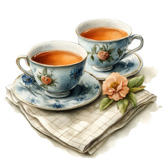 Elegant tea time with floral cups cozy kitchen illustration warm atmosphere close-up serenity