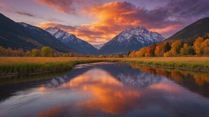 Obraz premium Stunning Sunset Reflection Over a Serene River Framed by Majestic Mountains and Autumn Foliage in a Picturesque Valley