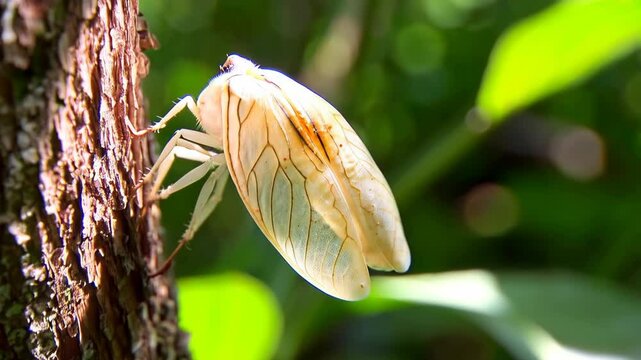 Close-up of a mature Ricaniidae planthopper clinging to the rough bark of a tree trunk in a lush green environment.