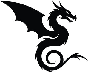 Highly Detailed Black and White Dragon Silhouette with Intricate Sharp Edges and Majestic Dramatic Lighting

