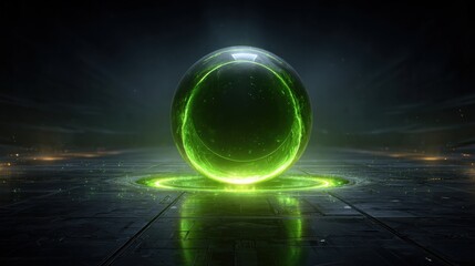 Radiant, glowing sphere suspended above a dark, reflective surface.