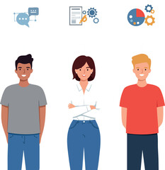 Fototapeta premium Diverse group of young adults with communication and business icons above heads vector illustration 