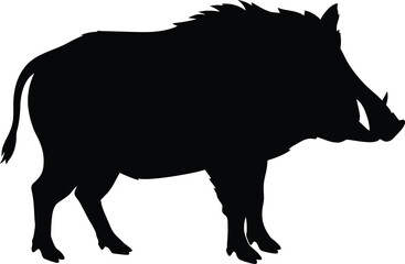 Detailed Black and White Silhouette of Wild Boar with Textured Fur in Rugged Environment


