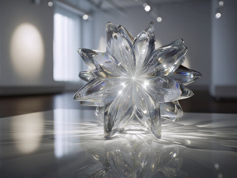 Close-up of a symmetric starburst glass sculpture on reflective surface, in a minimalist white room with bright lighting - AI-Generated