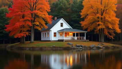 Perfect Autumn Evening at a Cozy White House Surrounded by Vibrant Leaves Near a Serene Pond Reflecting Colorful Trees