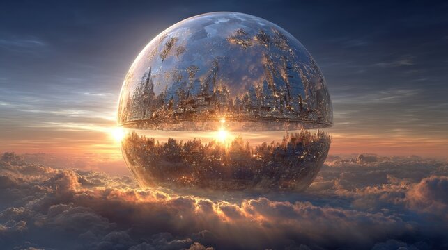 Floating celestial sphere reflecting cityscapes above clouds.