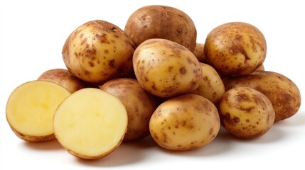 Pile of fresh potatoes with cut sections