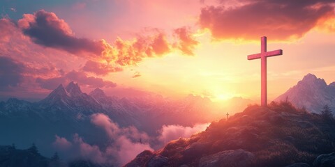 Fototapeta premium Beautiful sunset over mountains with a prominent cross overlooking the landscape on a serene evening